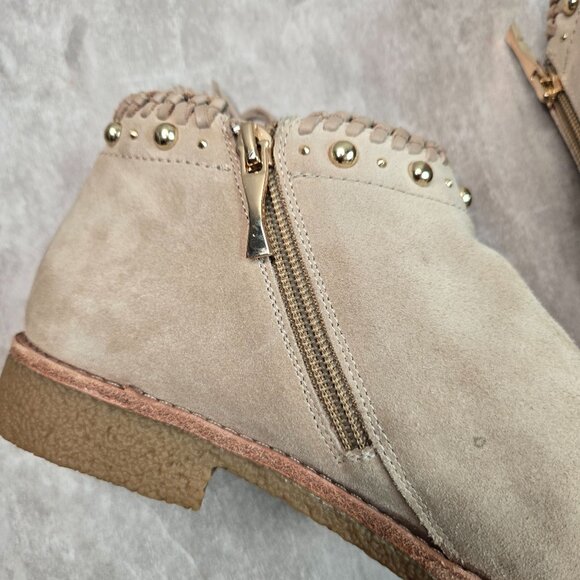 Kate Spade Ankle Boots 7 Tan Suede Studded Tassled Western Boho Low Heel Booties - Picture 9 of 12